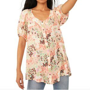 Free People Callie Printed Tunic Button-Front Short Sleeve Floral Blouse Medium